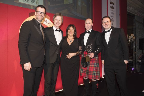 . (Left to right): Marcus Brigstocke, Comedian and awards presenter; Paul Seenan, Customer Marketing Manager, Maxxium UK; Fiona Fullarton, UK Sales Support Manager, Gordon & MacPhail; Stephen Rankin, Director of UK Sales, Gordon & MacPhail; Martin Green, Editor, Off Licence News. . (Left to right): Marcus Brigstocke, Comedian and awards presenter; Paul Seenan, Customer Marketing Manager, Maxxium UK; Fiona Fullarton, UK Sales Support Manager, Gordon & MacPhail; Stephen Rankin, Director of UK Sales, Gordon & MacPhail; Martin Green, Editor, Off Licence News.