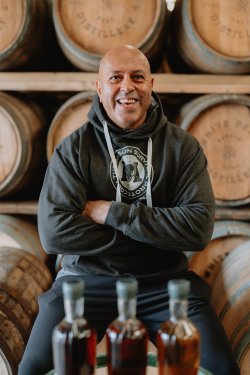 Michelin Star Chef Sat Bains with 3 single cask Wire Works Whisky RSB Cuvee Collection whiskies.